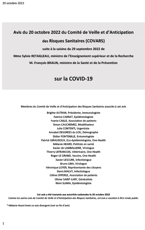 Avis du COVARS sur le covid 19 au 20/10/2022