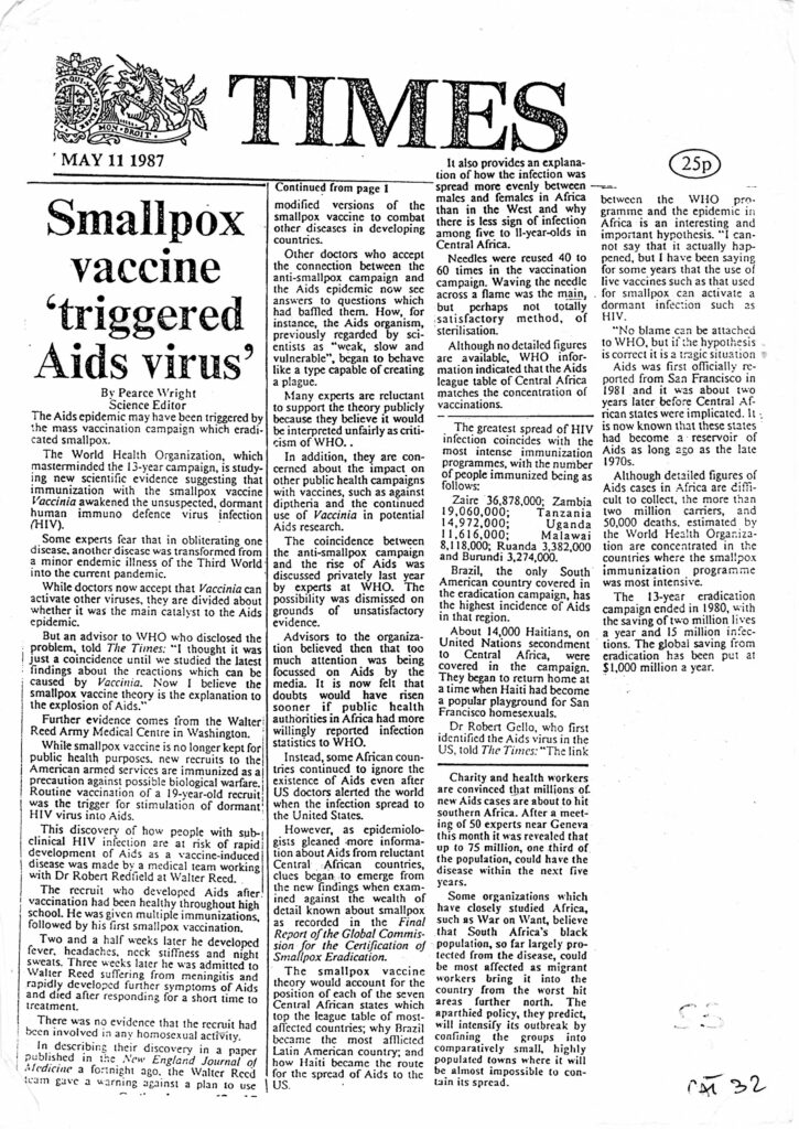 The Times – Première édition, lundi 11 mai 1987 –  Le vaccin antivariolique « a déclenché le virus du SIDA »