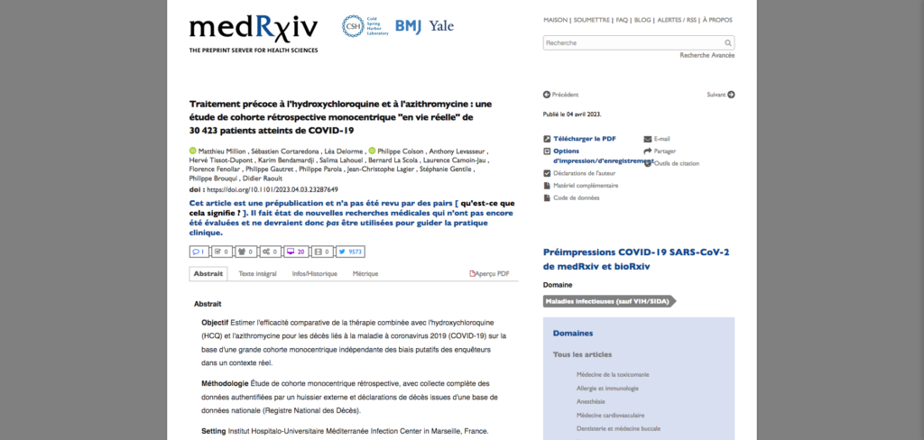 Traitement précoce par hydroxychloroquine et azithromycine : Étude de cohorte rétrospective monocentrique de 30 423 patients COVID-19