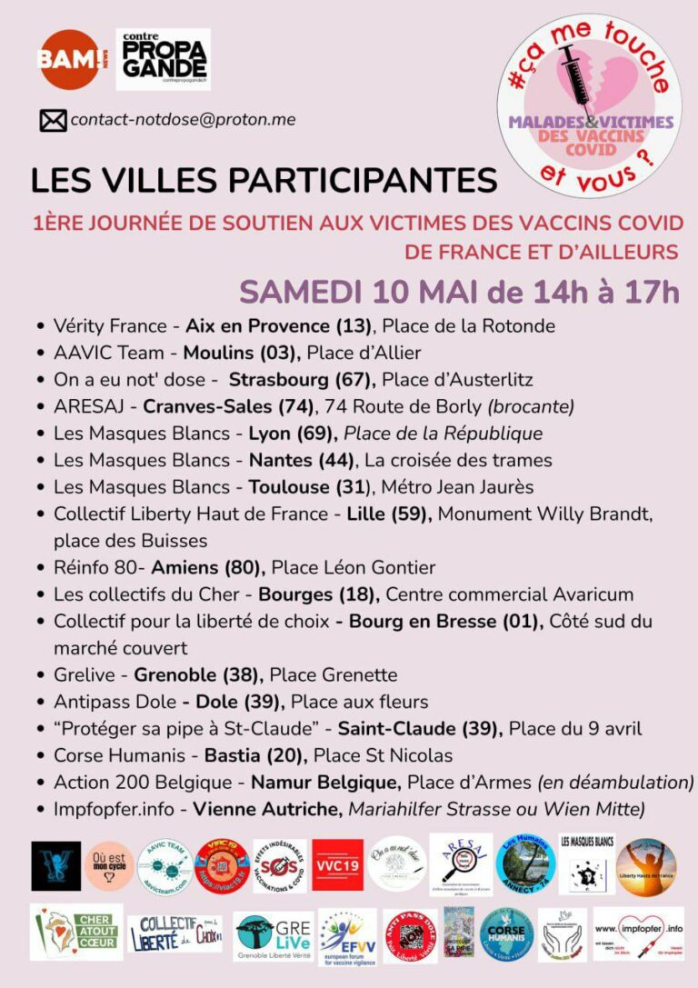 COMMUNIQUE DE PRESSE – 1ERE JOURNÉE DE SOUTIEN AUX VICTIMES DES VACCINS COVID DE FRANCE ET D’AILLEURS – SAMEDI 10 MAI 2025 (mise à jour)
