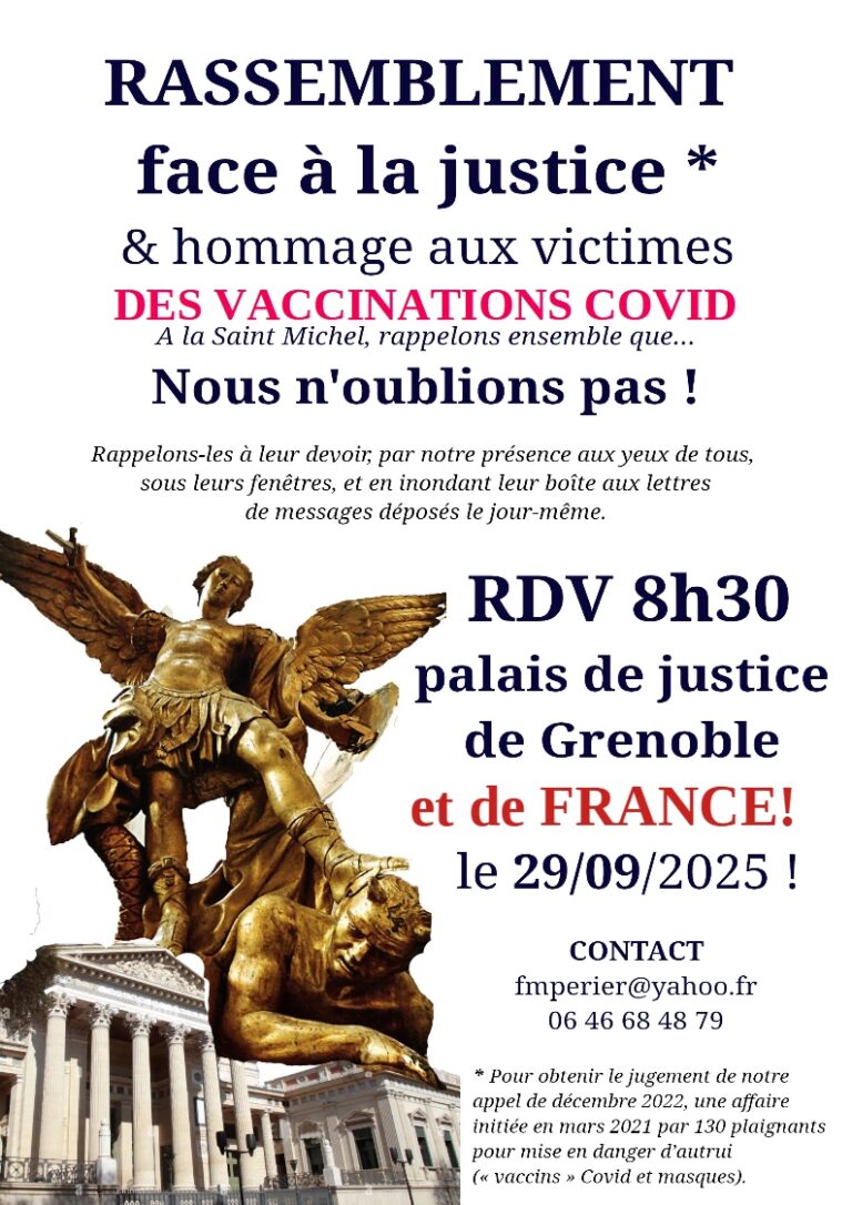 Le 29 septembre à Grenoble : rassemblement face à la Justice et hommage aux victimes des injections anti-covid